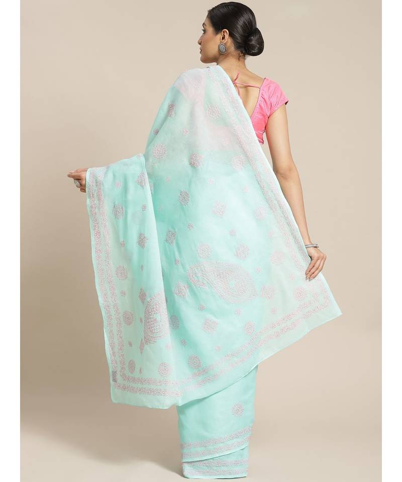 Ada Women's Hand Embroidered Sea Green Cotton Lucknow Chikankari Saree With Blouse - A311141