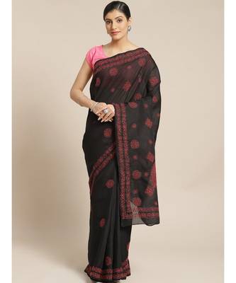 Ada Women's Hand Embroidered Black Cotton Lucknow Chikankari Saree With Blouse - A311142 1