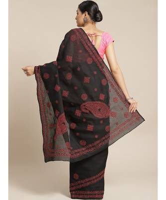Ada Women's Hand Embroidered Black Cotton Lucknow Chikankari Saree With Blouse - A311142 2