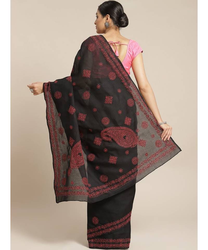 Ada Women's Hand Embroidered Black Cotton Lucknow Chikankari Saree With Blouse - A311142