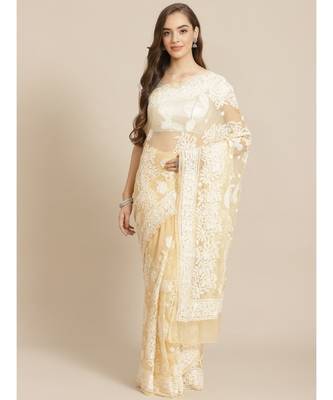 Ada Women's Hand Embroidered Fawn Georgette Lucknow Chikankari Women Saree With Blouse - A311291 1