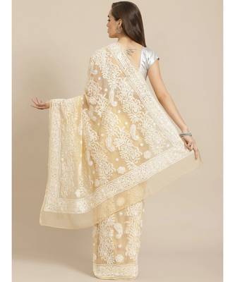 Ada Women's Hand Embroidered Fawn Georgette Lucknow Chikankari Women Saree With Blouse - A311291 2