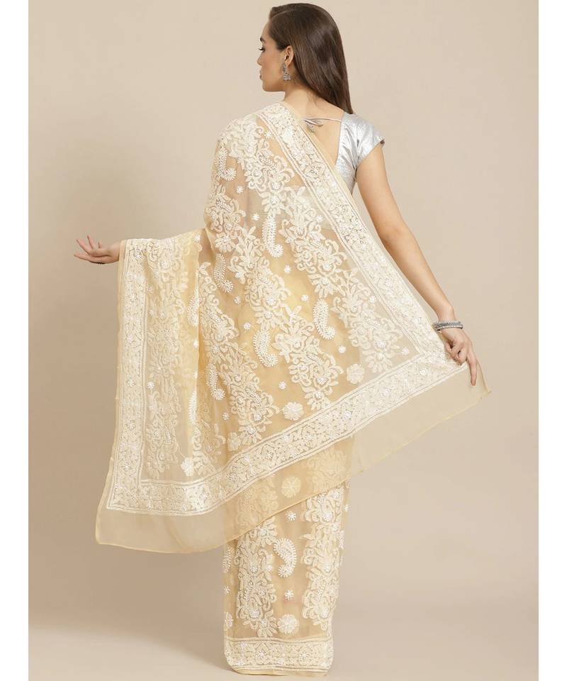 Ada Women's Hand Embroidered Fawn Georgette Lucknow Chikankari Women Saree With Blouse - A311291