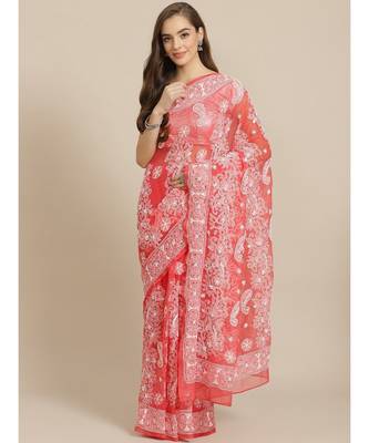 Ada Hand Embroidered Red Georgette wedding Chikankari Women Saree With Blouse - A311294 1
