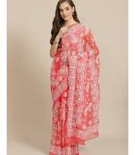Ada Hand Embroidered Red Georgette wedding Chikankari Women Saree With Blouse - A311294
