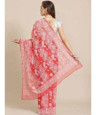 Ada Hand Embroidered Red Georgette wedding Chikankari Women Saree With Blouse - A311294 2