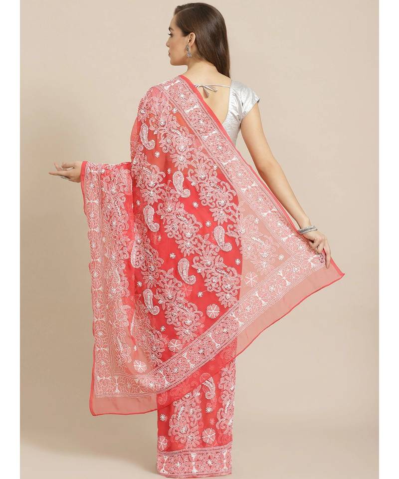 Ada Hand Embroidered Red Georgette wedding Chikankari Women Saree With Blouse - A311294