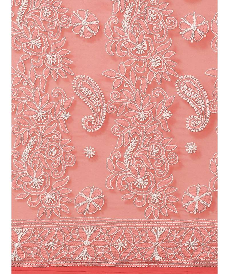 Ada Hand Embroidered Red Georgette wedding Chikankari Women Saree With Blouse - A311294