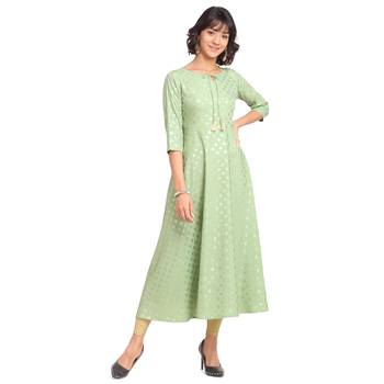 FIORRA Pista Green Printed Poly Crepe Flared Long Kurtis 1