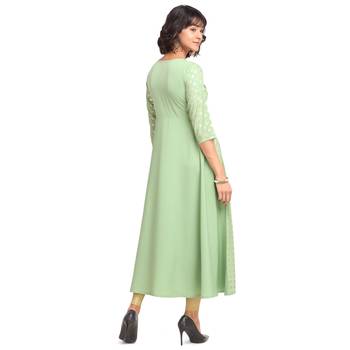 FIORRA Pista Green Printed Poly Crepe Flared Long Kurtis 2