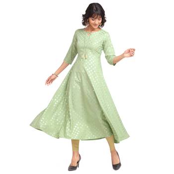 FIORRA Pista Green Printed Poly Crepe Flared Long Kurtis 3