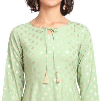 FIORRA Pista Green Printed Poly Crepe Flared Long Kurtis 4