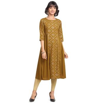 FIORRA Green Printed Poly Crepe Flared Long Kurtis 1