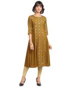 FIORRA Green Printed Poly Crepe Flared Long Kurtis