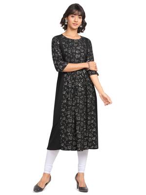 FIORRA Black Printed Poly Crepe A-line Party Wear Kurtis 1