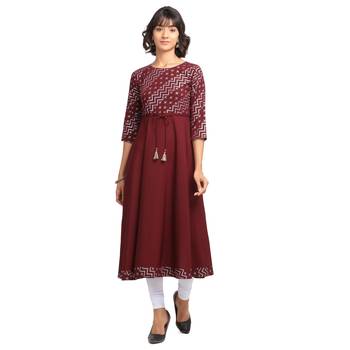 FIORRA Wine Printed Poly Crepe Flared Party Wear Kurtis 1