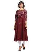 FIORRA Wine Printed Poly Crepe Flared Party Wear Kurtis