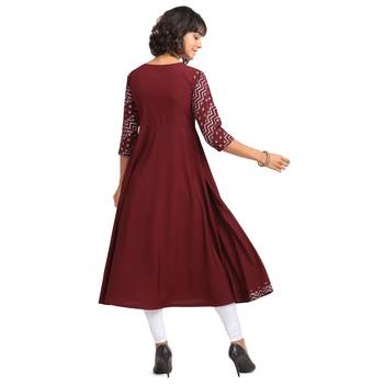 FIORRA Wine Printed Poly Crepe Flared Party Wear Kurtis 2