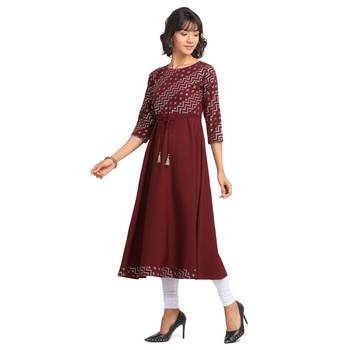 FIORRA Wine Printed Poly Crepe Flared Party Wear Kurtis 3