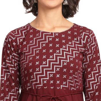 FIORRA Wine Printed Poly Crepe Flared Party Wear Kurtis 4