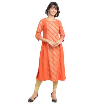 FIORRA Orange Printed Poly Crepe Flared Party Wear Kurtis 1