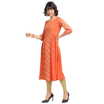 FIORRA Orange Printed Poly Crepe Flared Party Wear Kurtis 2