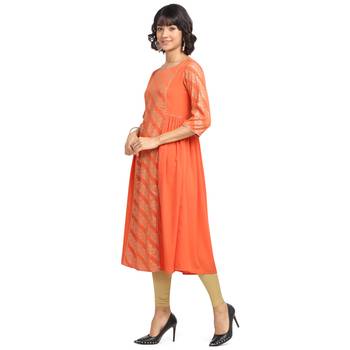 FIORRA Orange Printed Poly Crepe Flared Party Wear Kurtis 3