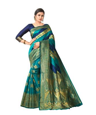 GREEN  Checkered Jacquard  Saree With Blouse 1