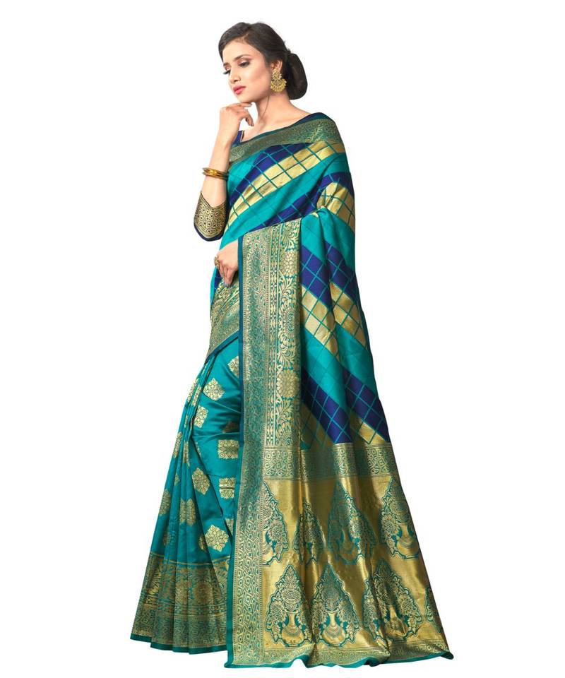 GREEN  Checkered Jacquard  Saree With Blouse