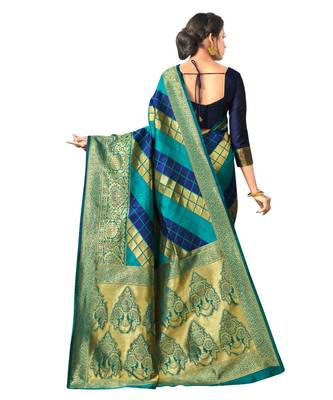 GREEN  Checkered Jacquard  Saree With Blouse 3
