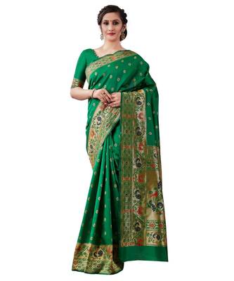 GREEN  Kanjeevaram Jacquard  Saree With Blouse 1