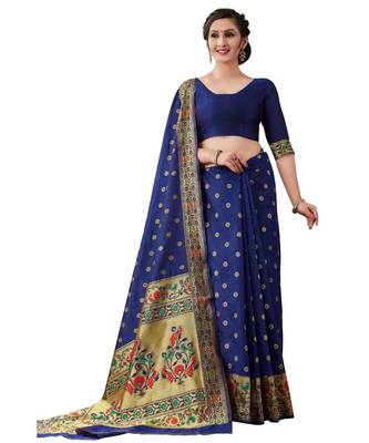 NAVY BLUE Kanjeevaram Jacquard  Saree With Blouse 3