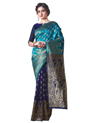 BLUE  Banarasi Jacquard  Saree With Blouse 1