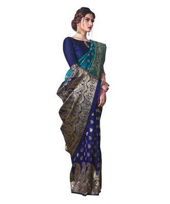 BLUE  Banarasi Jacquard  Saree With Blouse 3