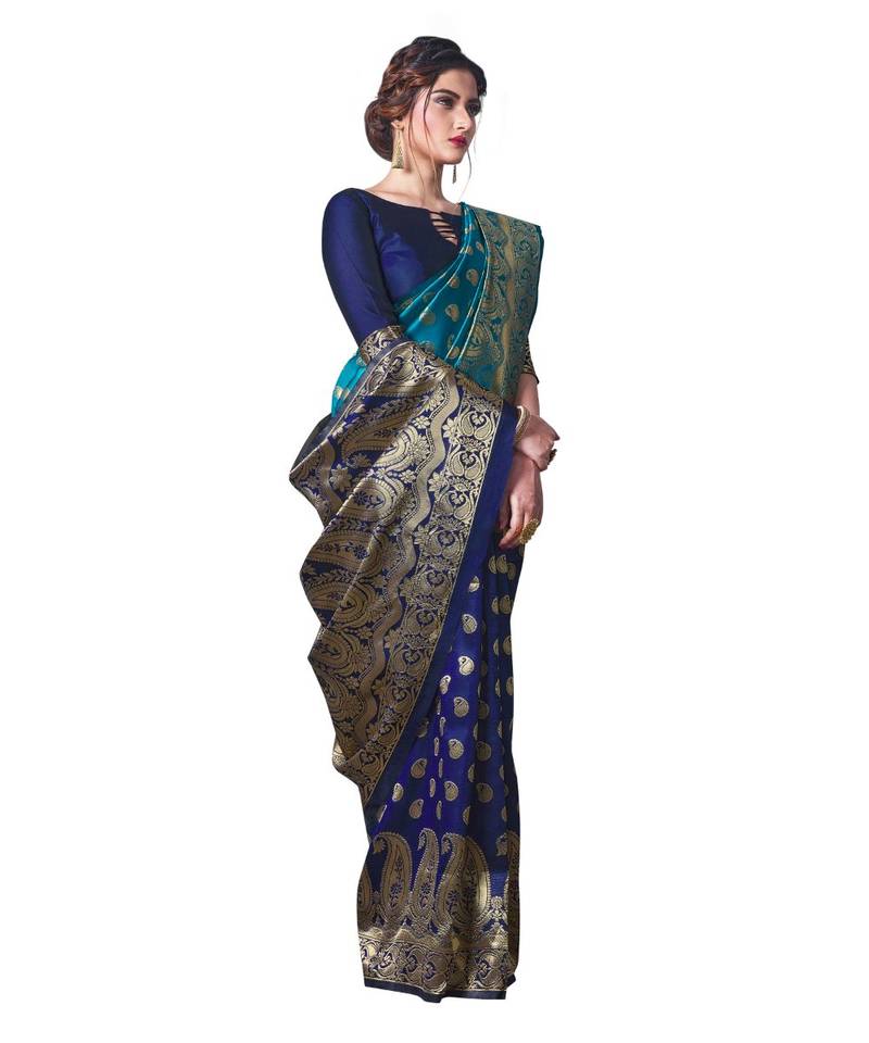 BLUE  Banarasi Jacquard  Saree With Blouse