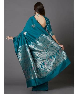 SKY BLUE Kanchipuram Jacquard  Saree With Blouse 2