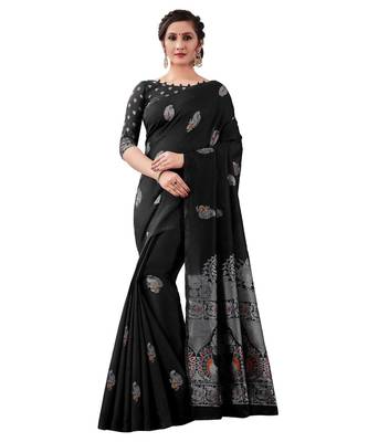 BLACK  Kanchipuram Jacquard  Saree With Blouse 1