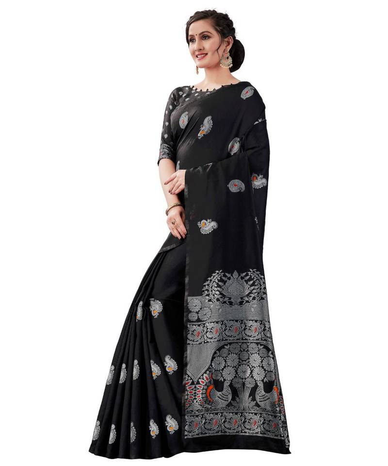 BLACK  Kanchipuram Jacquard  Saree With Blouse