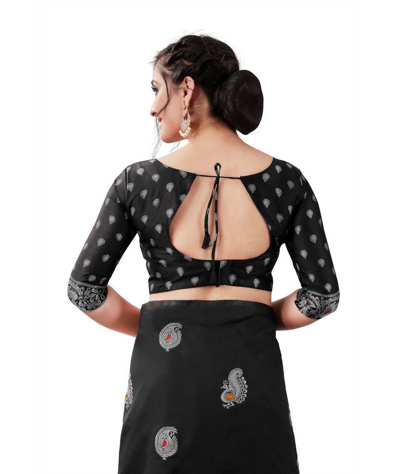 BLACK  Kanchipuram Jacquard  Saree With Blouse