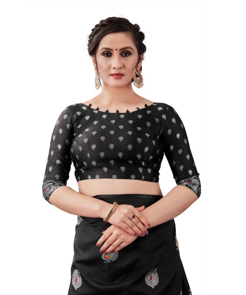 BLACK  Kanchipuram Jacquard  Saree With Blouse