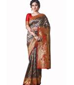 BLUE ORANGE Banarasi Jacquard  Saree With Blouse