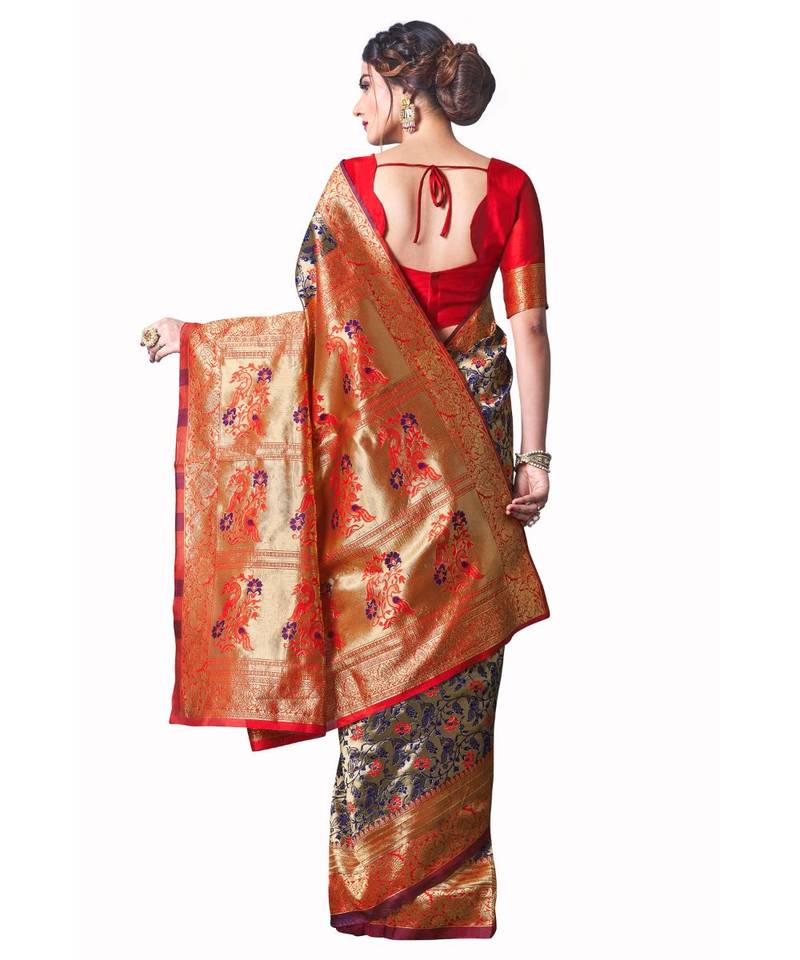 BLUE ORANGE Banarasi Jacquard  Saree With Blouse