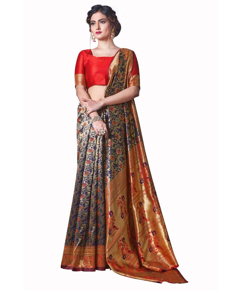 BLUE ORANGE Banarasi Jacquard  Saree With Blouse