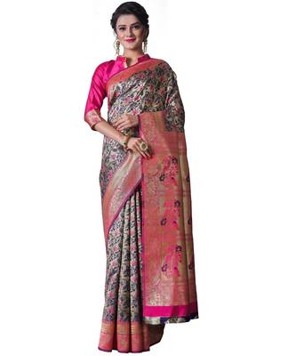 BLUE PINK Banarasi Jacquard  Saree With Blouse 1