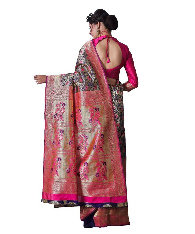 BLUE PINK Banarasi Jacquard  Saree With Blouse