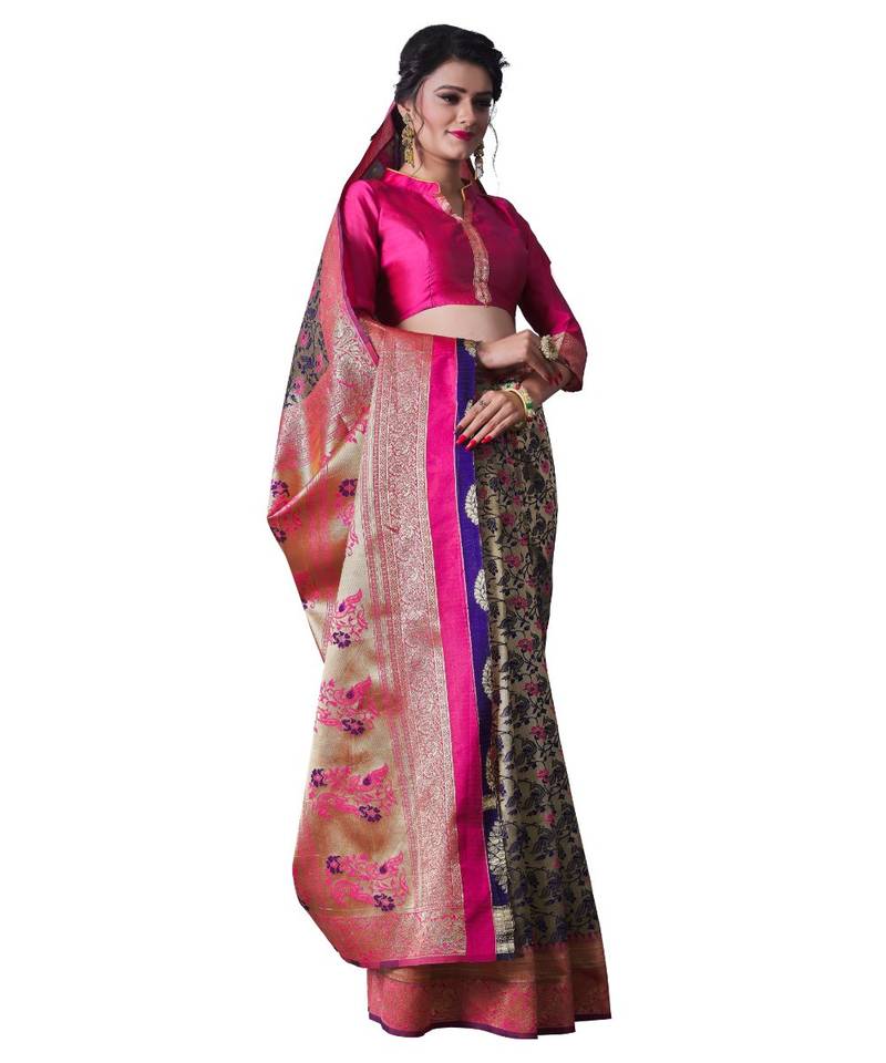 BLUE PINK Banarasi Jacquard  Saree With Blouse