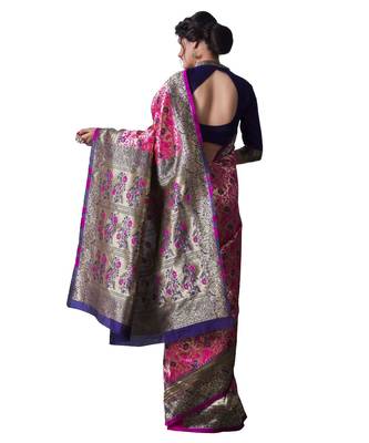 PINK BLUE Banarasi Jacquard  Saree With Blouse 2
