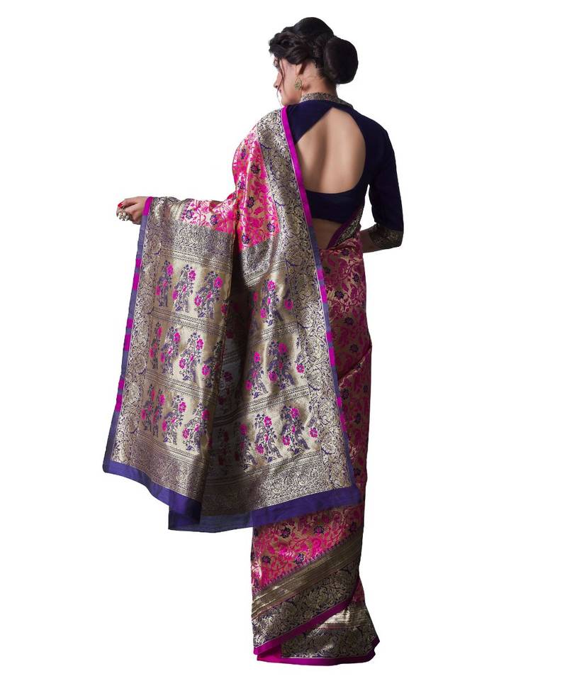 PINK BLUE Banarasi Jacquard  Saree With Blouse