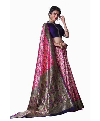 PINK BLUE Banarasi Jacquard  Saree With Blouse 3