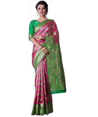 PINK GREEN Banarasi Jacquard  Saree With Blouse 1